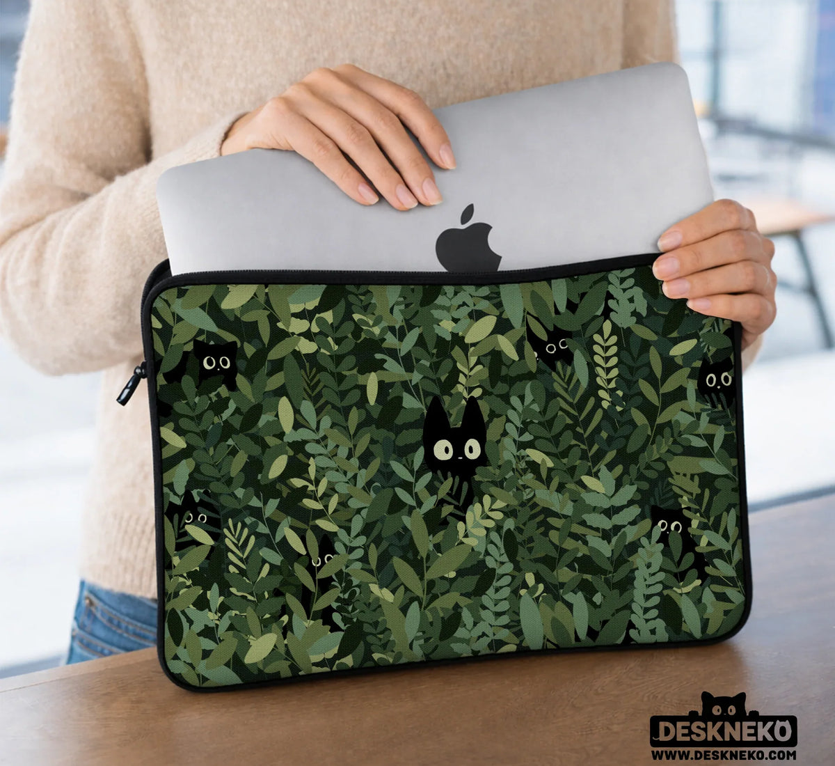 Botanical Cat Laptop Sleeve & Bag, Forest Green Aesthetic Case - Deskneko