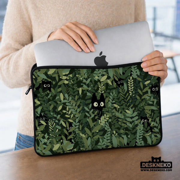 Botanical Cat Laptop Sleeve & Bag, Forest Green Aesthetic Case - Deskneko