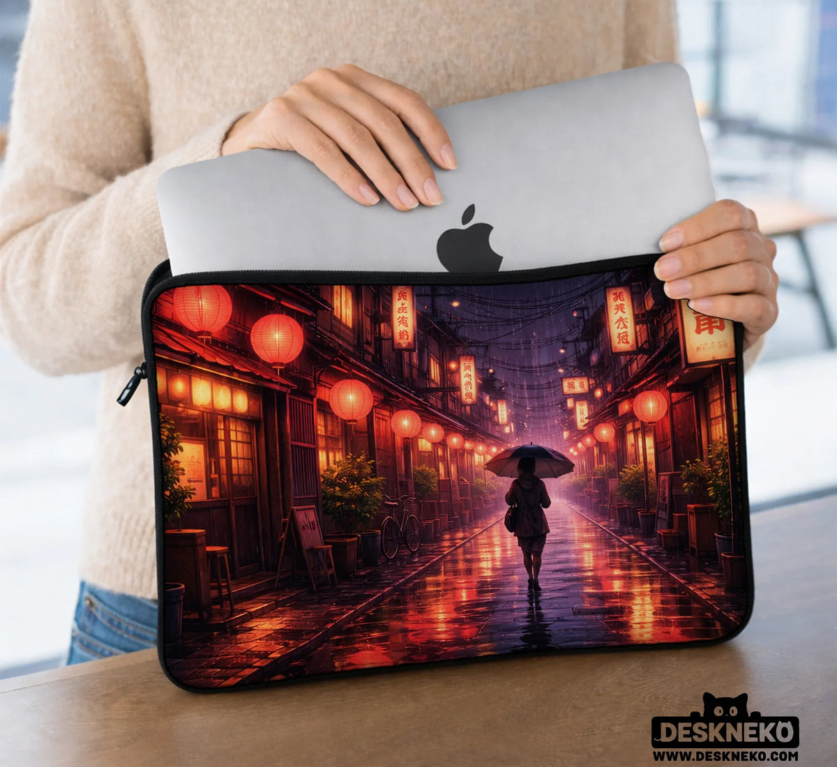 Lofi Anime Laptop Sleeve & Bag Japanese Rainy Street Aesthetic - Deskneko