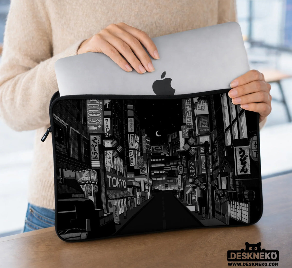 Tokyo Night Pixel Laptop Sleeve & Bag – Monochrome Cyberpunk Case - Deskneko