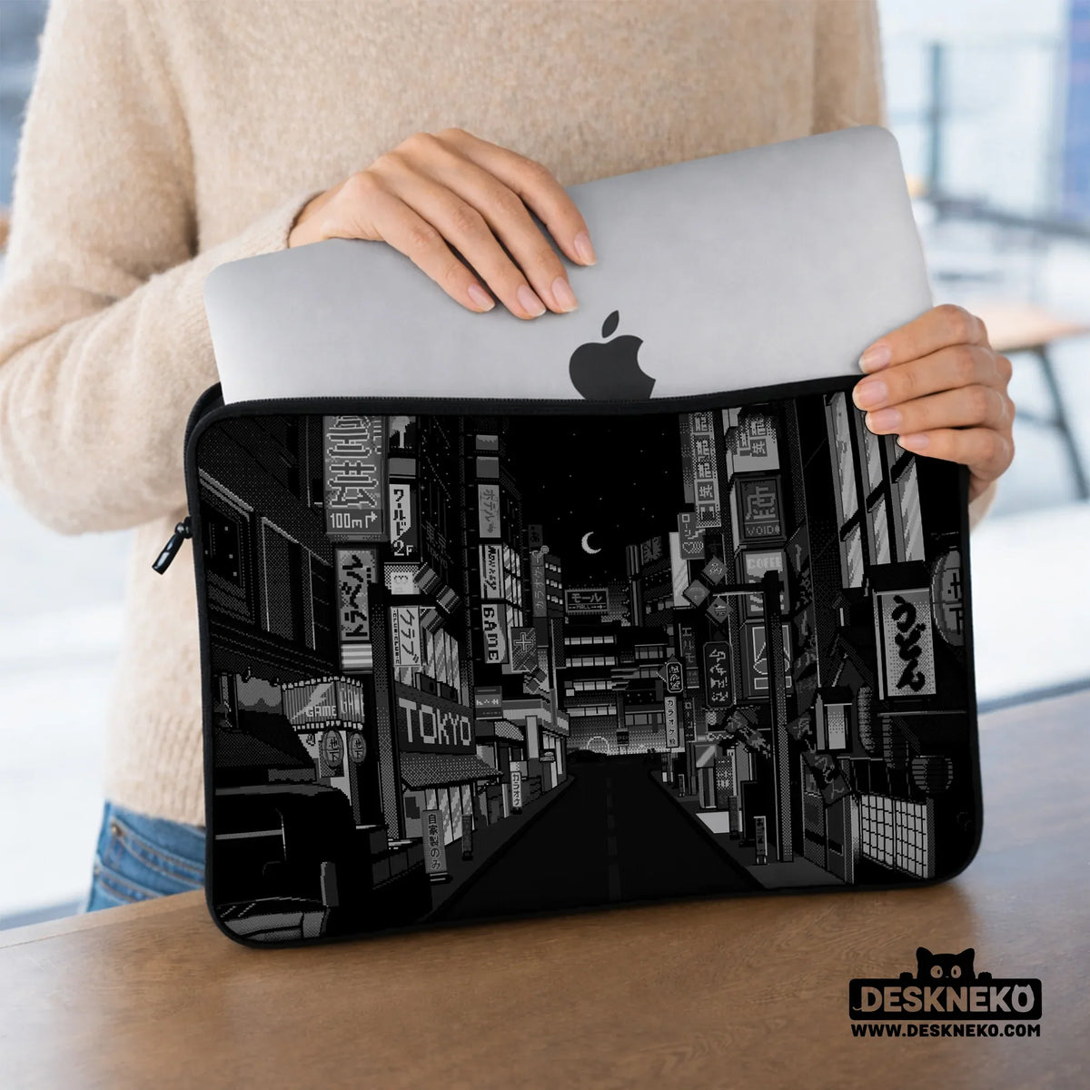 Tokyo Night Pixel Laptop Sleeve & Bag – Monochrome Cyberpunk Case - Deskneko
