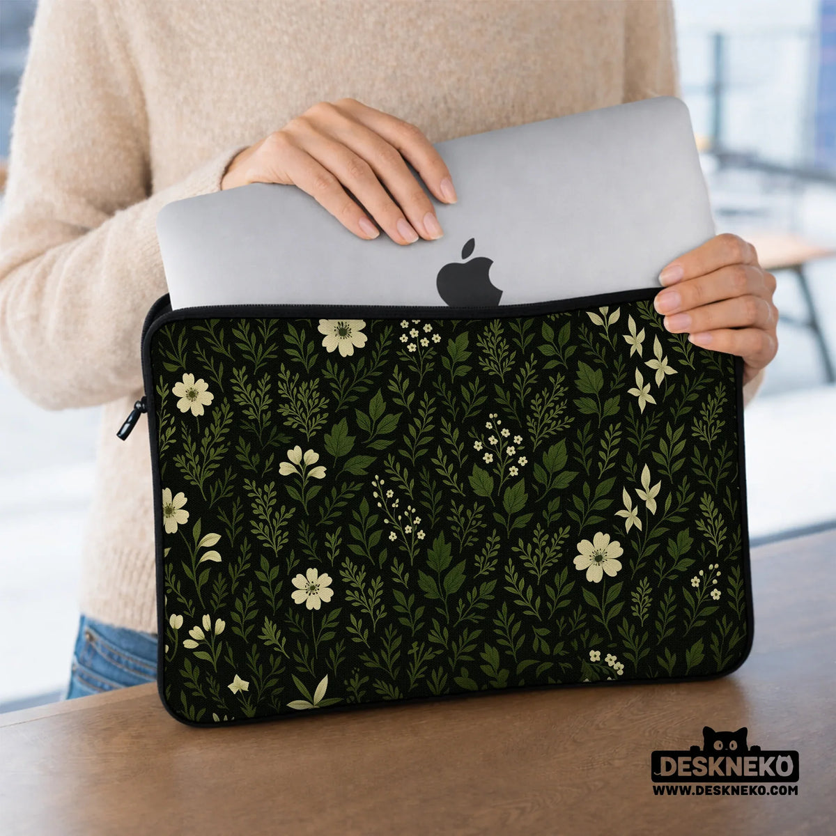 Botanical Laptop Sleeve & Bag with Dark Green Floral Pattern - Deskneko