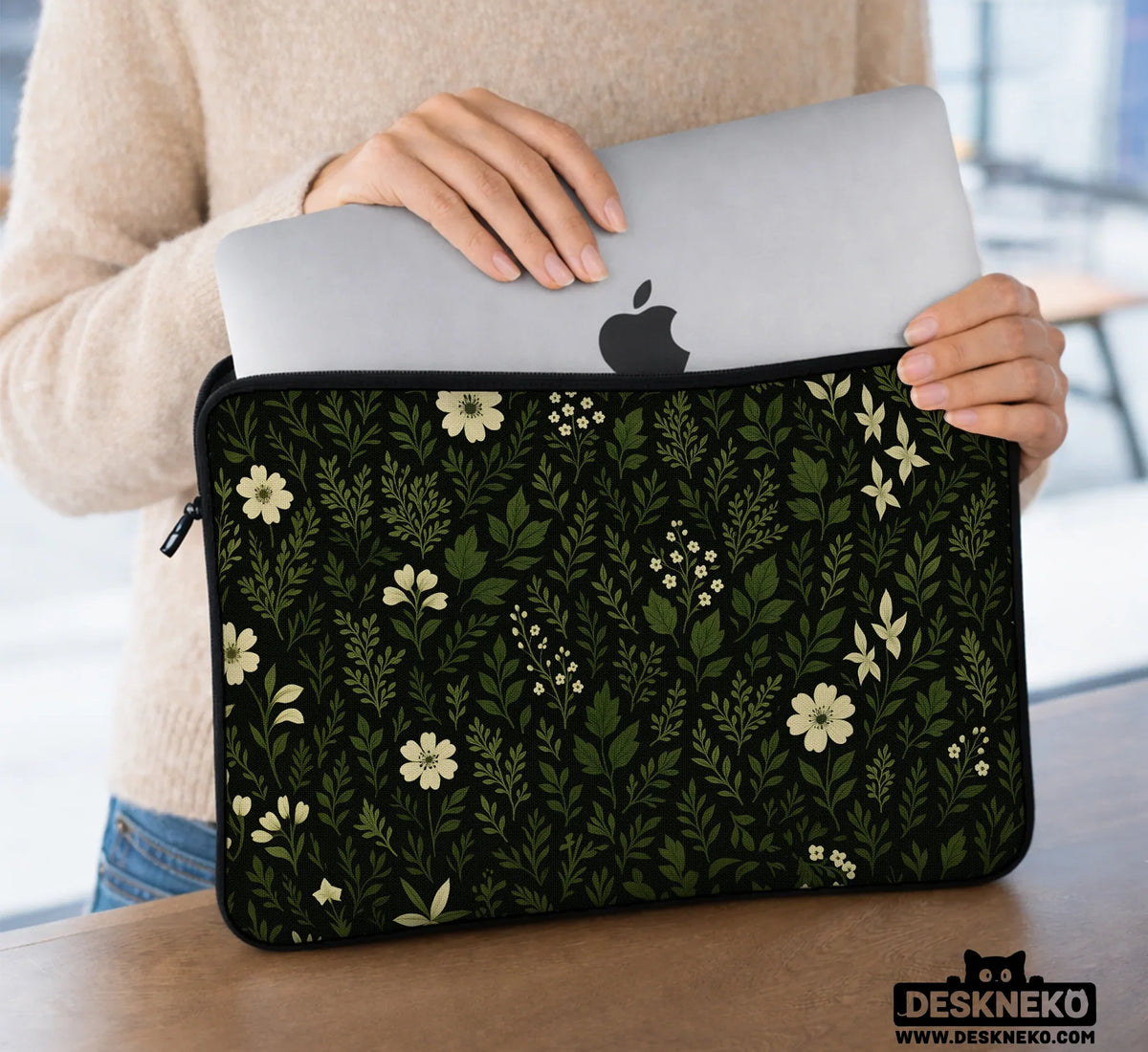Dark Green Botanical Laptop Sleeve - Deskneko