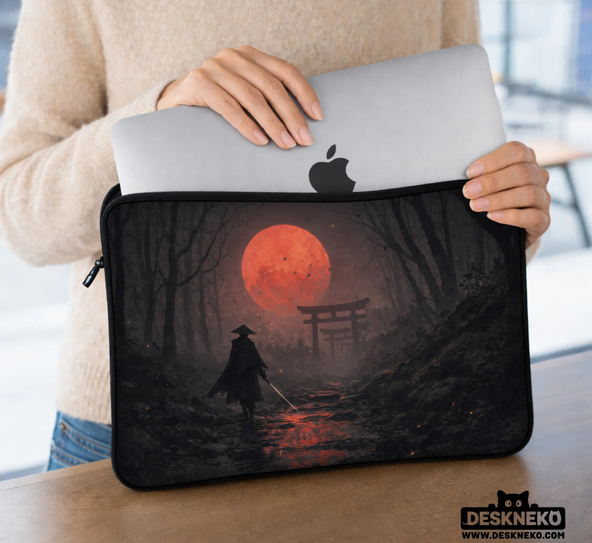 Samurai Red Moon Laptop Sleeve & Bag with Handle and Shoulder Strap - Deskneko