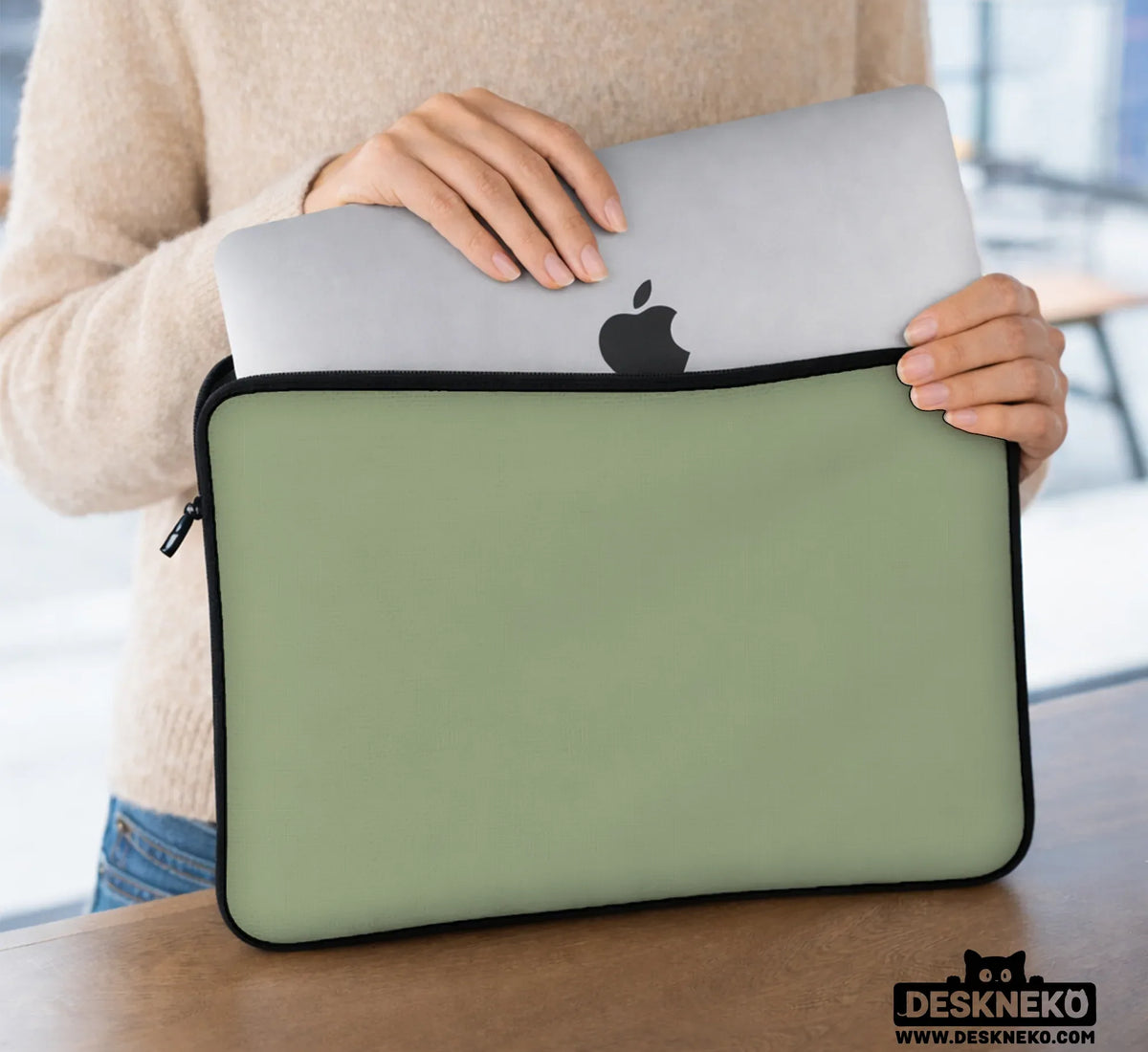 Sage Green Laptop Bag with Shoulder Strap & Handle - Deskneko