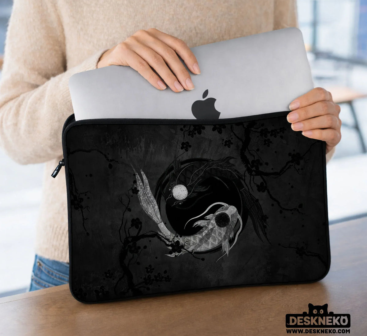Dark Koi Yin Yang Laptop Sleeve & Bag, Japanese Ink Case - Deskneko
