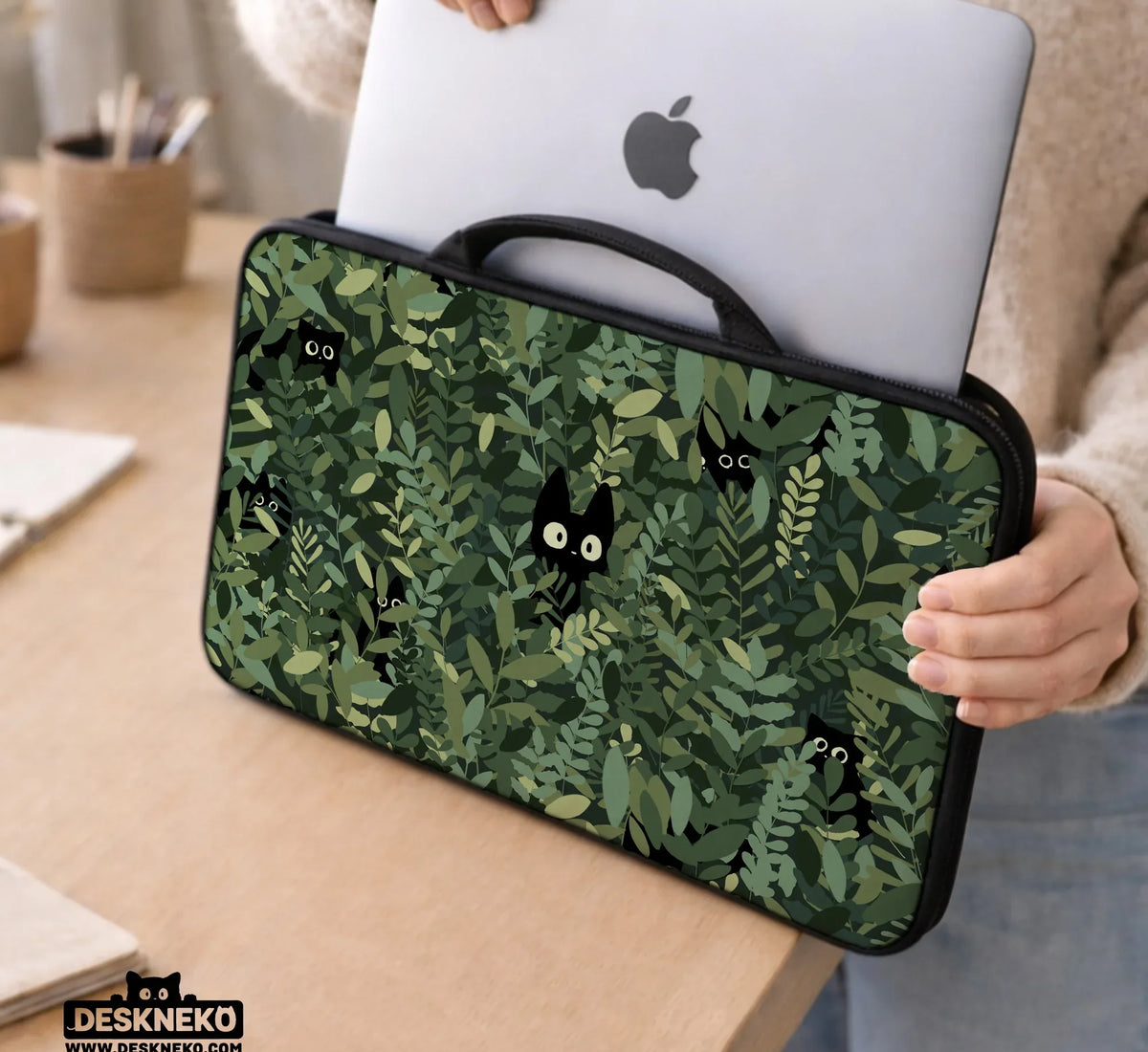 Botanical Cat Laptop Sleeve & Bag, Forest Green Aesthetic Case - Deskneko