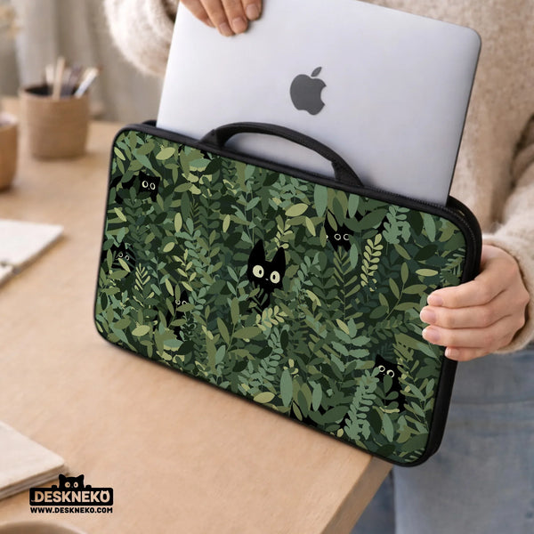 Botanical Cat Laptop Sleeve & Bag, Forest Green Aesthetic Case - Deskneko