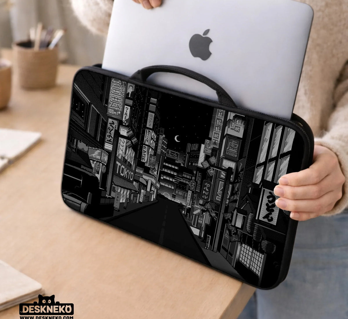 Tokyo Night Pixel Laptop Sleeve & Bag – Monochrome Cyberpunk Case - Deskneko
