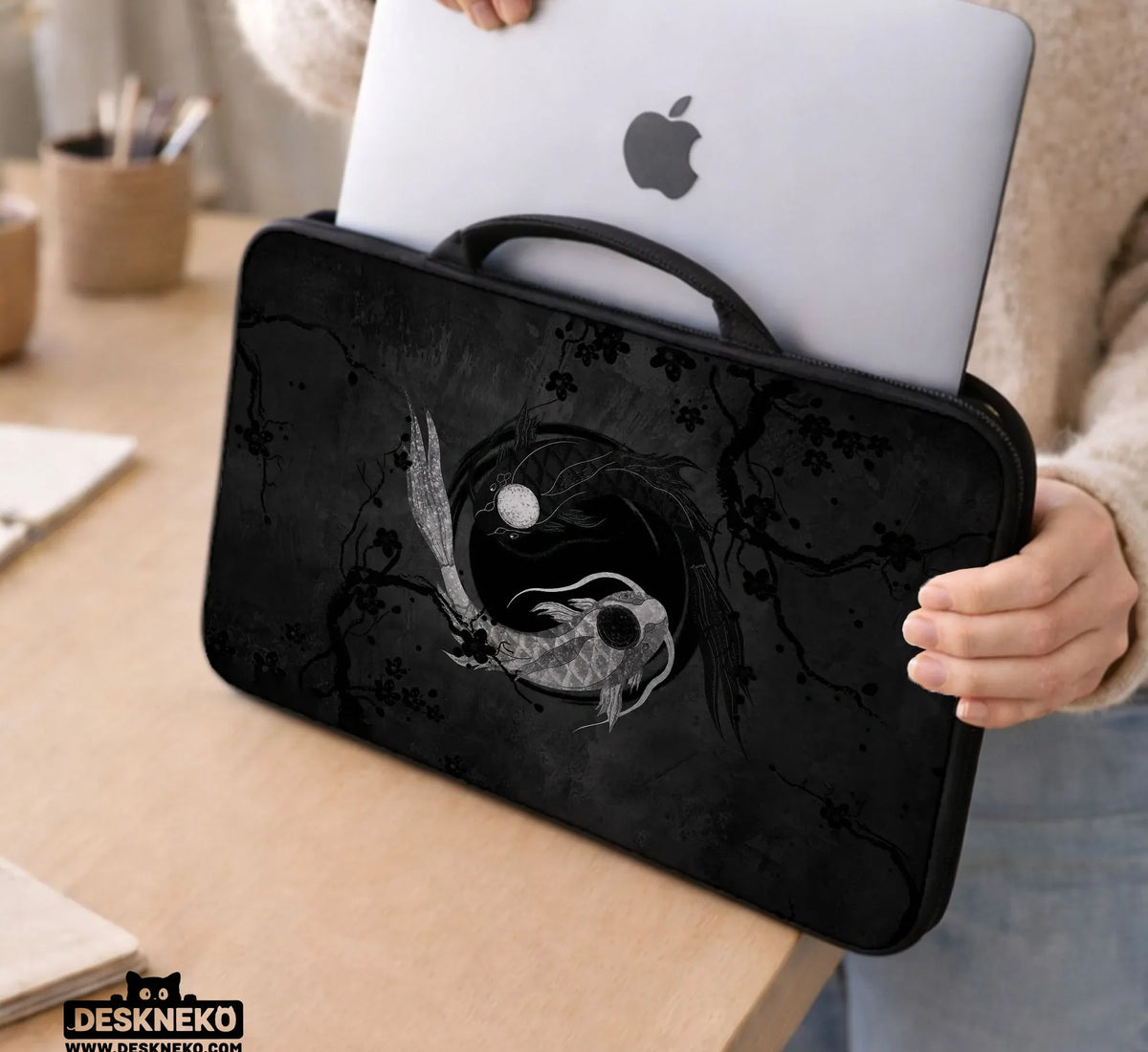 Dark Koi Yin Yang Laptop Sleeve & Bag, Japanese Ink Case - Deskneko