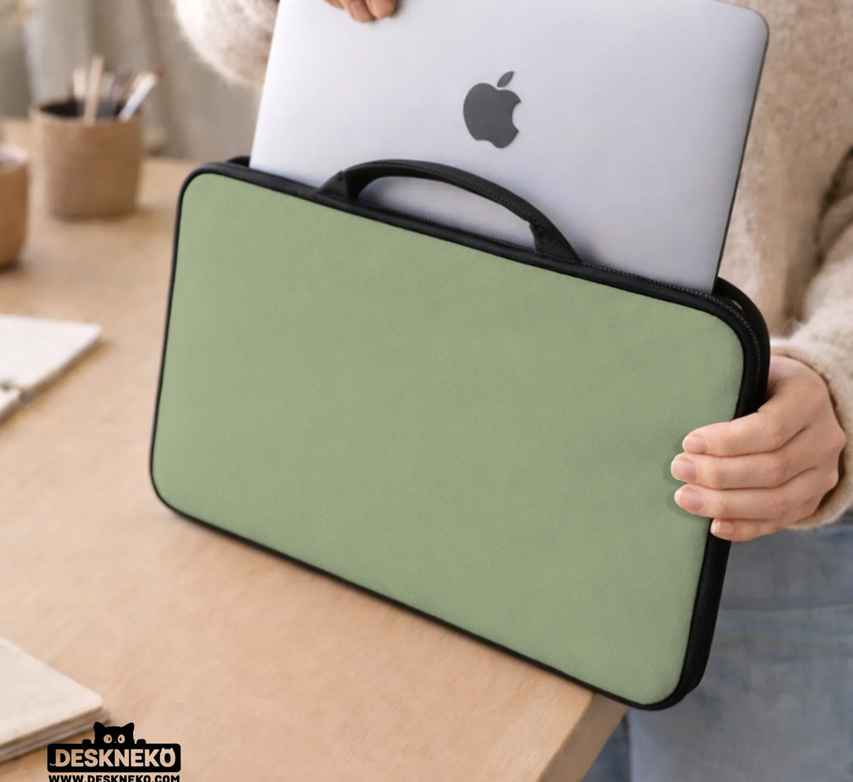 Sage Green Laptop Bag with Shoulder Strap & Handle - Deskneko