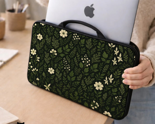 Botanical Laptop Sleeve & Bag with Dark Green Floral Pattern - Deskneko
