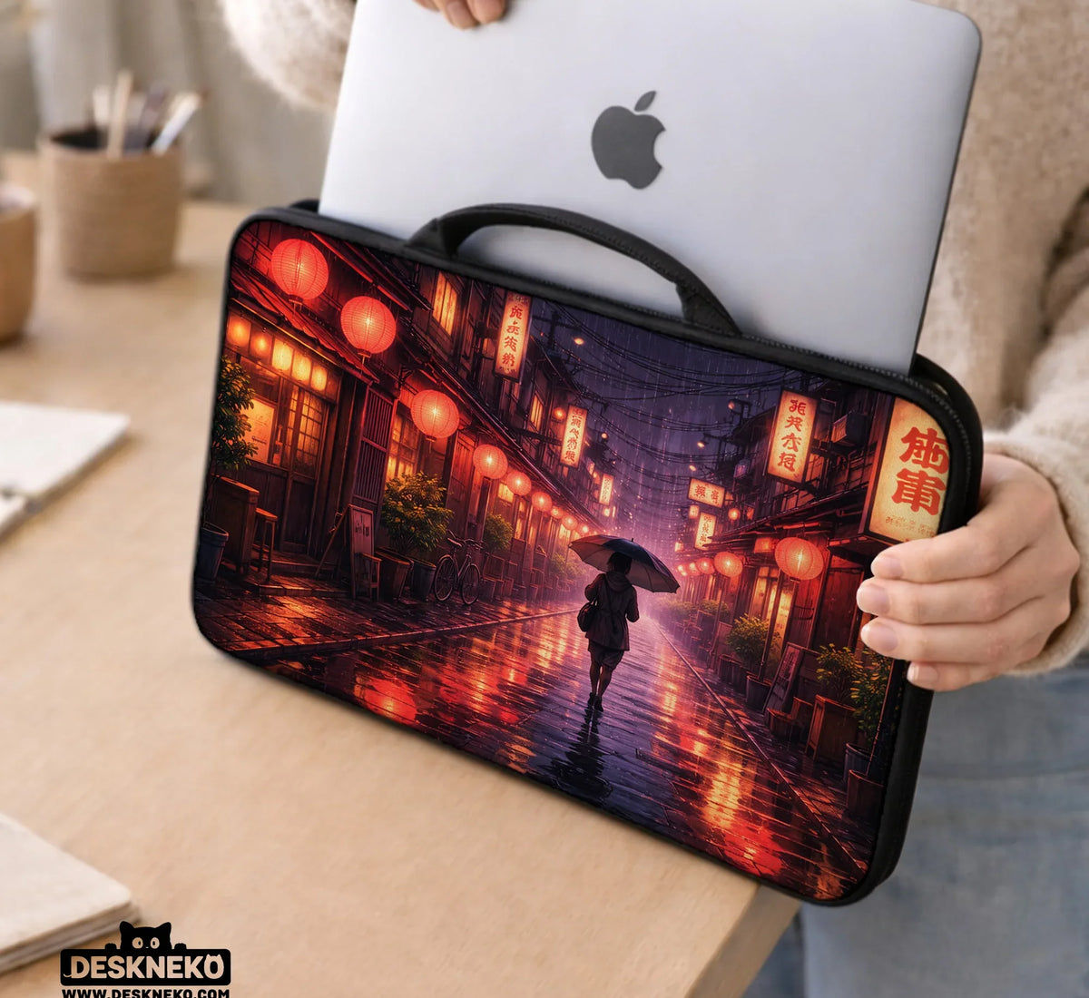 Lofi Anime Laptop Sleeve & Bag Japanese Rainy Street Aesthetic - Deskneko