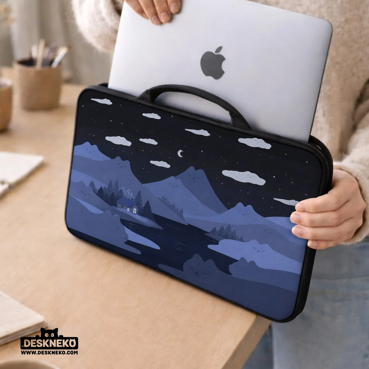 Whimisical Blue Cat Mountains Laptop Sleeve & Bag - Deskneko