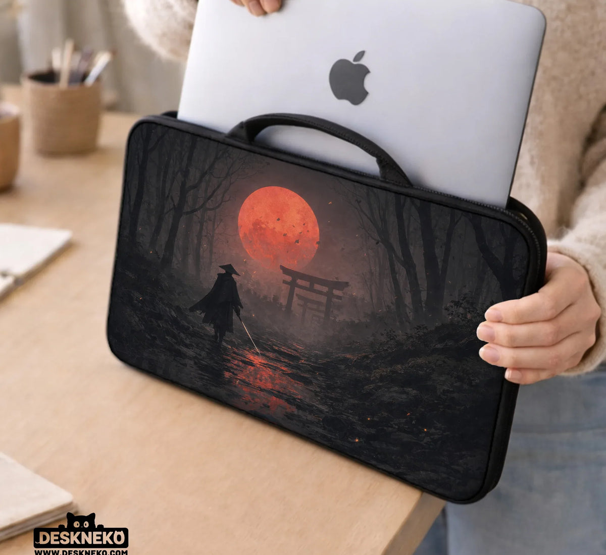 Samurai Red Moon Laptop Sleeve & Bag with Handle and Shoulder Strap - Deskneko