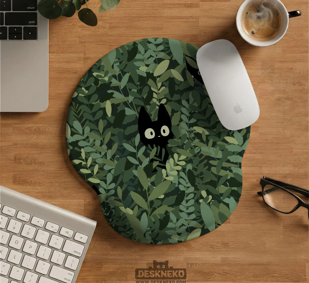 Botanical Cat Ergonomic Mousepad with Wrist Rest for Desk Comfort - Deskneko