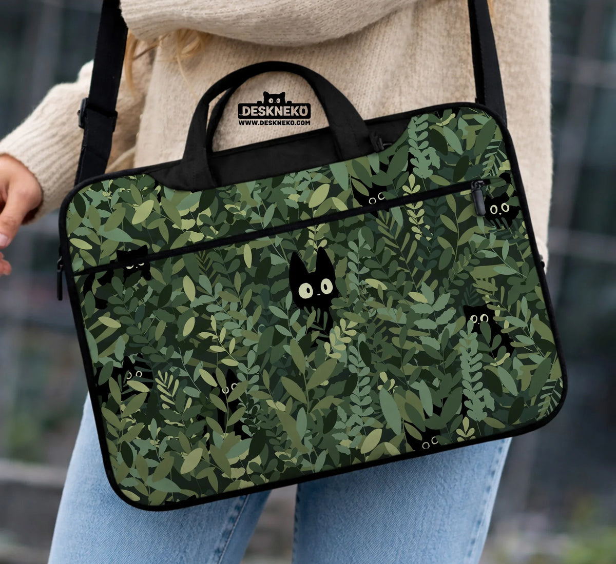 Botanical Cat Laptop Sleeve & Bag, Forest Green Aesthetic Case - Deskneko