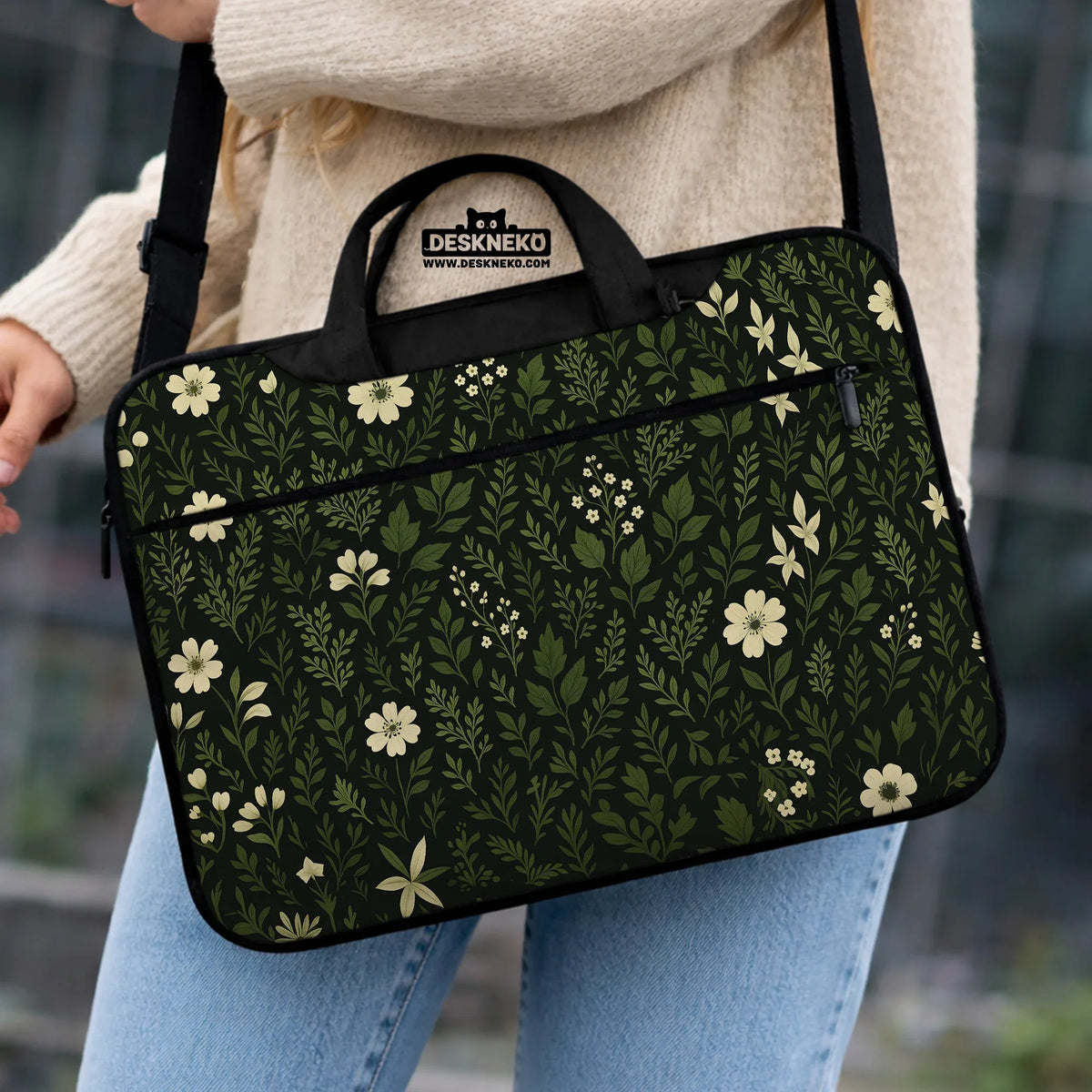 Dark Green Botanical Laptop Sleeve - Deskneko