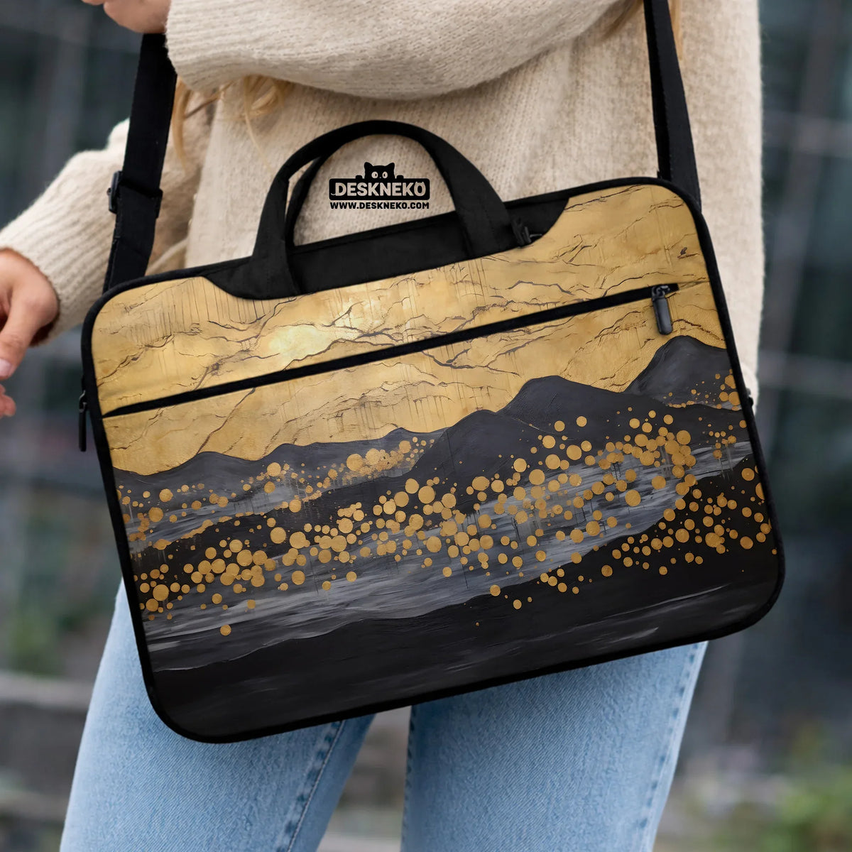 Gold Japandi Laptop Bag with Shoulder Strap - Deskneko