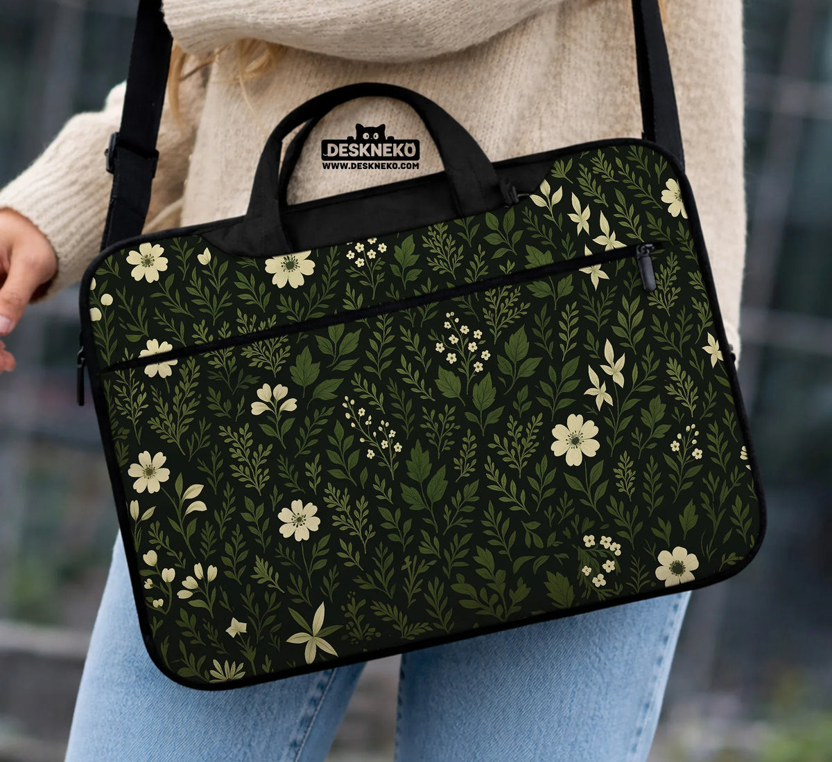 Botanical Laptop Sleeve & Bag with Dark Green Floral Pattern - Deskneko