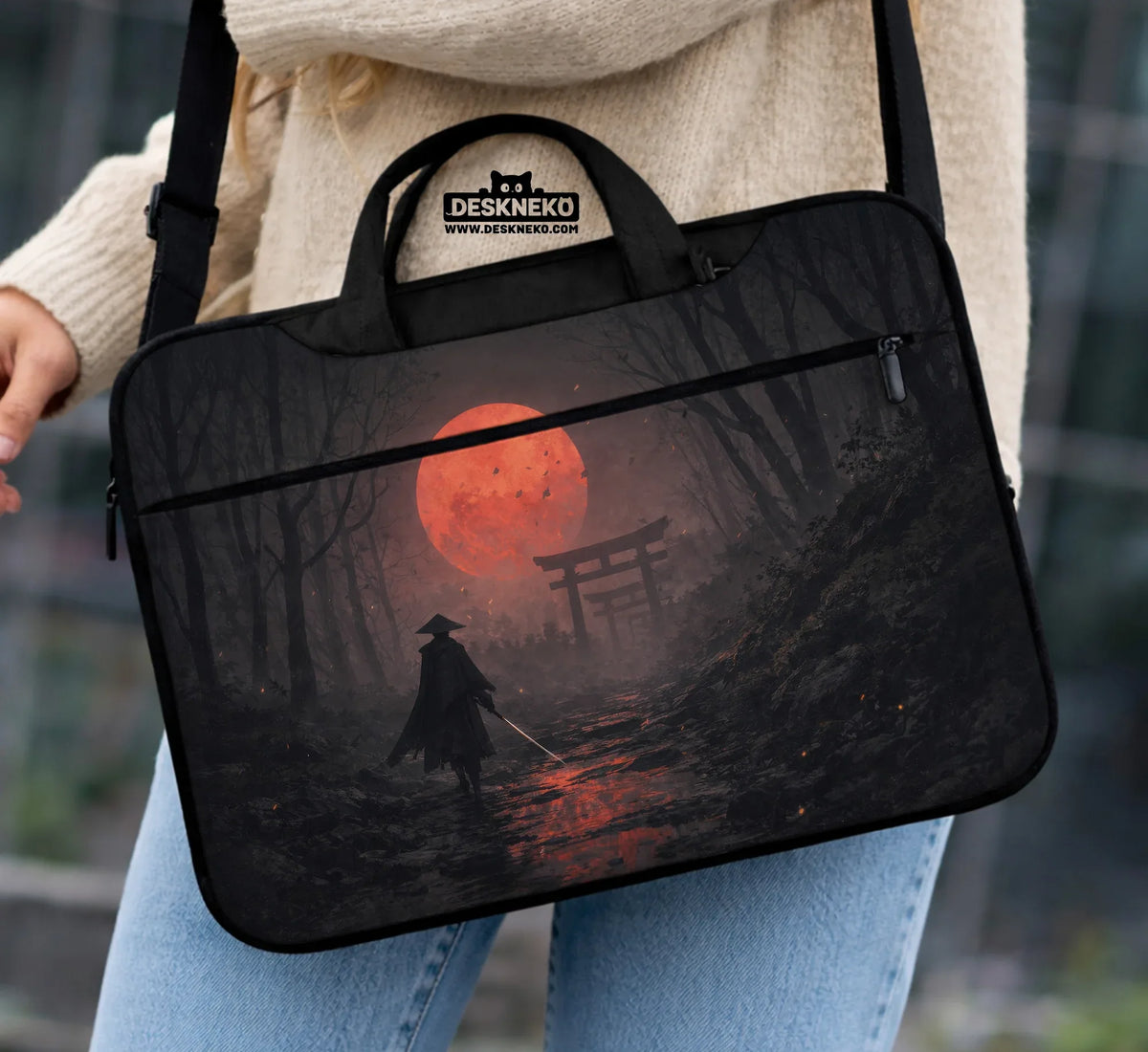 Samurai Red Moon Laptop Sleeve & Bag with Handle and Shoulder Strap - Deskneko