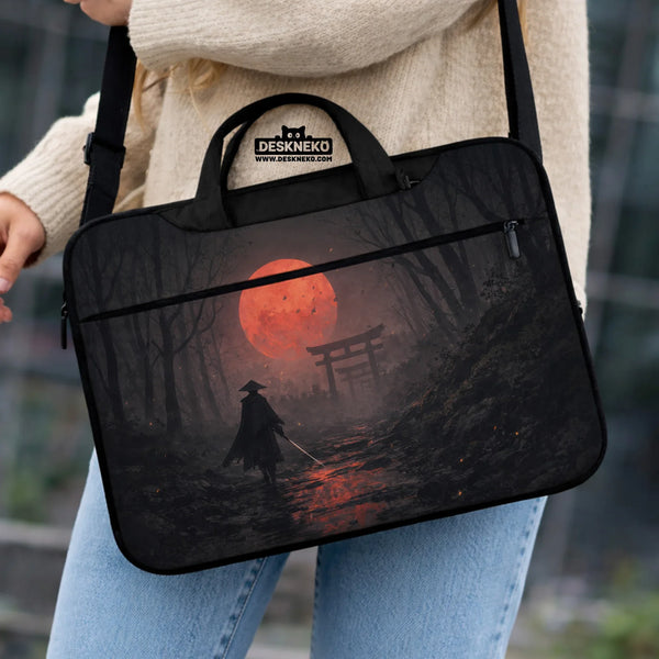 Samurai Red Moon Laptop Sleeve & Bag with Handle and Shoulder Strap - Deskneko
