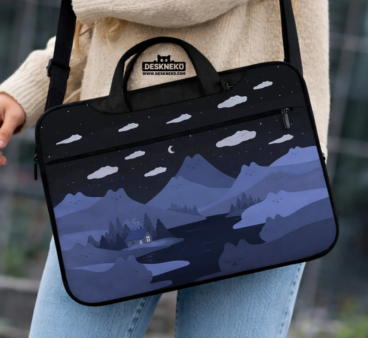 Whimisical Blue Cat Mountains Laptop Sleeve & Bag - Deskneko