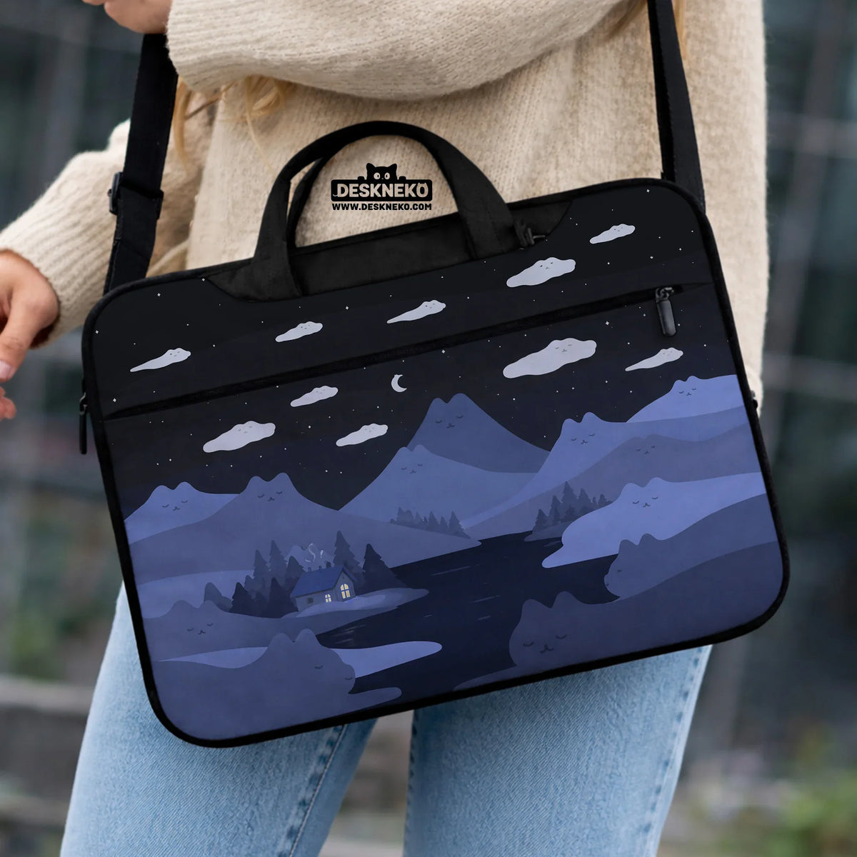 Whimisical Blue Cat Mountains Laptop Sleeve & Bag - Deskneko