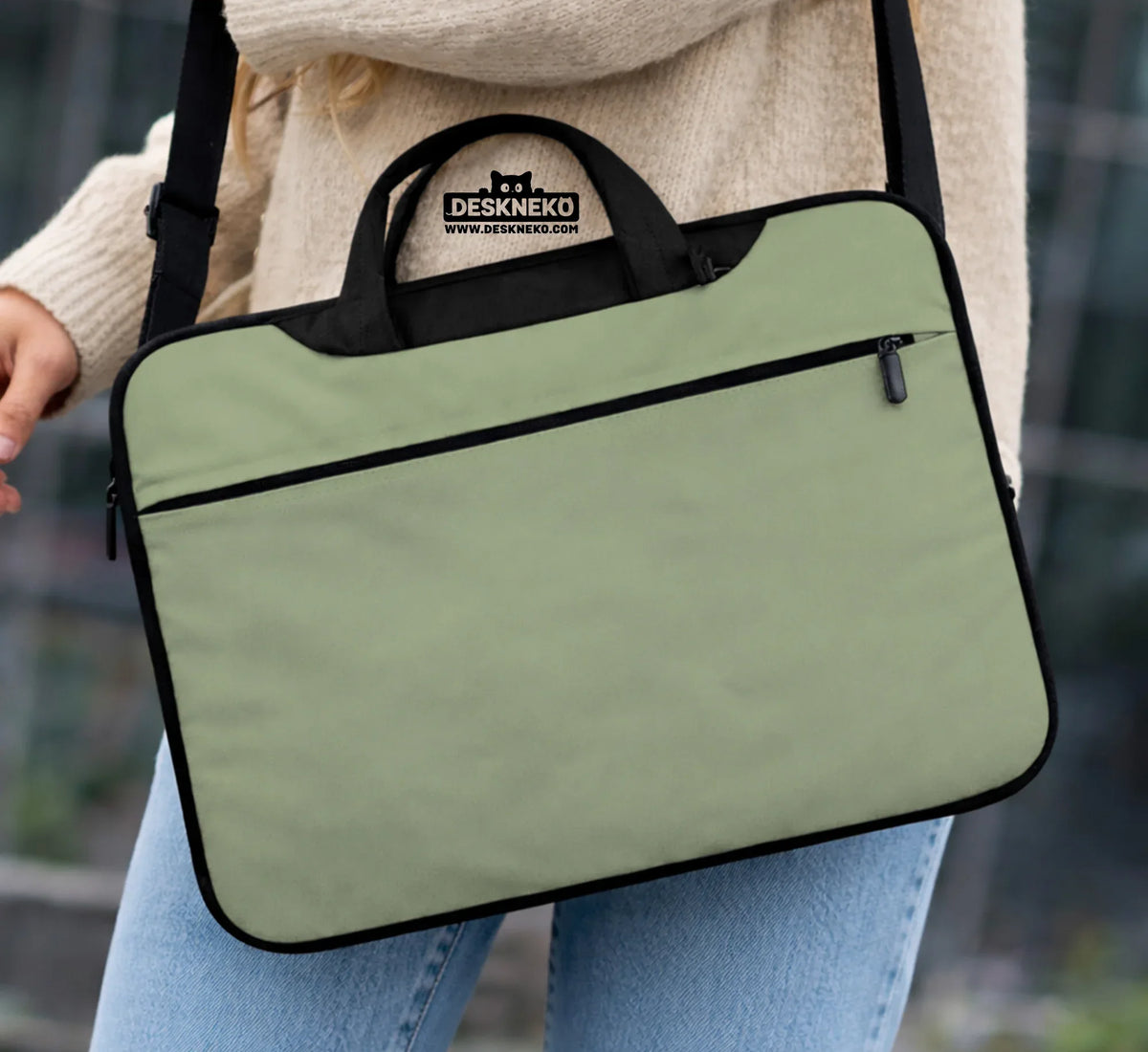 Sage Green Laptop Bag with Shoulder Strap & Handle - Deskneko