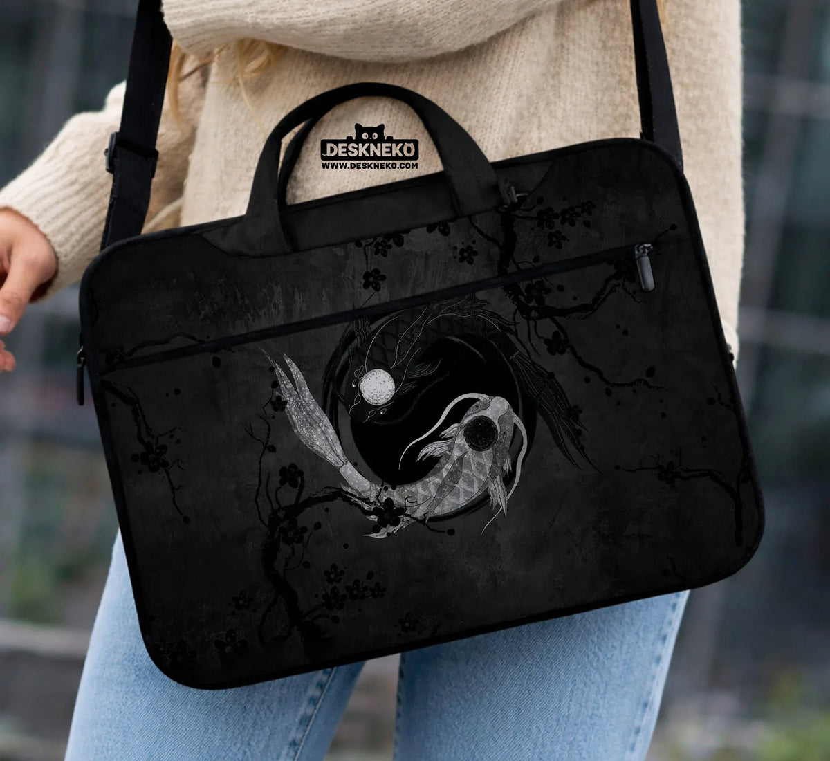 Dark Koi Yin Yang Laptop Sleeve & Bag, Japanese Ink Case - Deskneko