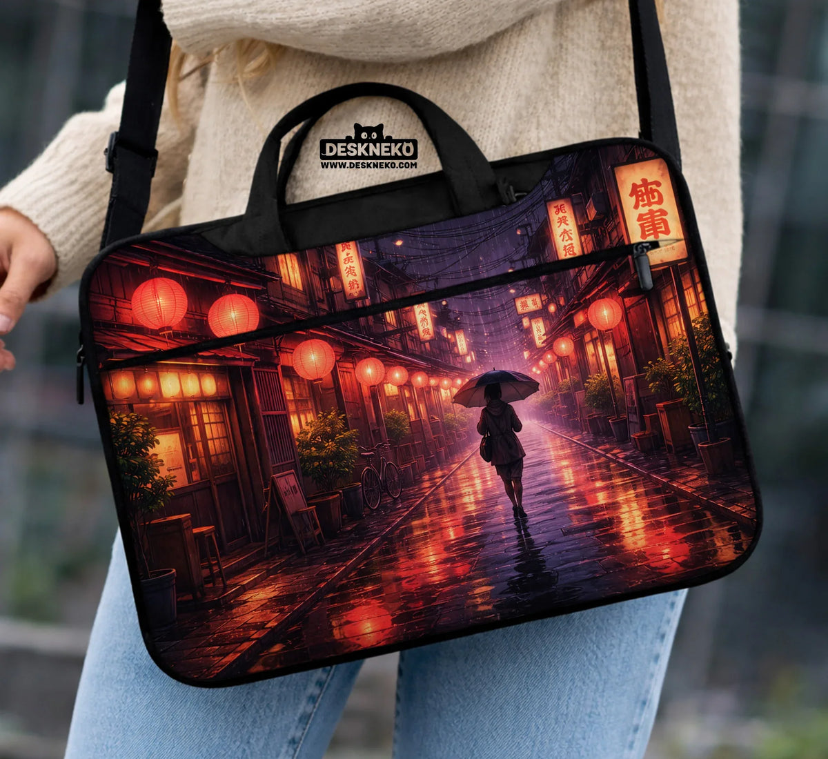 Lofi Anime Laptop Sleeve & Bag Japanese Rainy Street Aesthetic - Deskneko