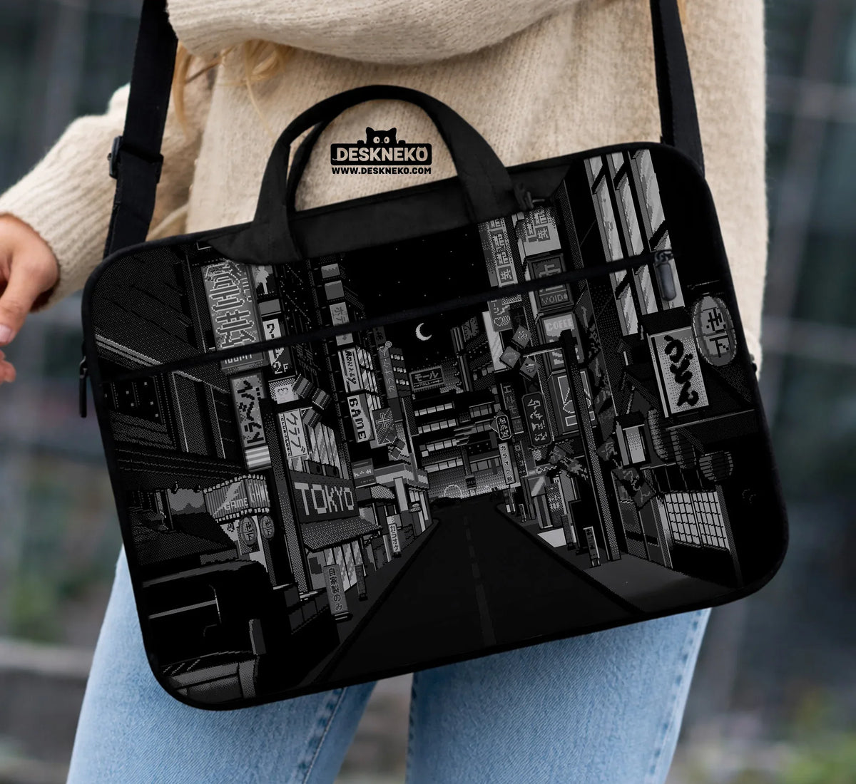 Tokyo Night Pixel Laptop Sleeve & Bag – Monochrome Cyberpunk Case - Deskneko