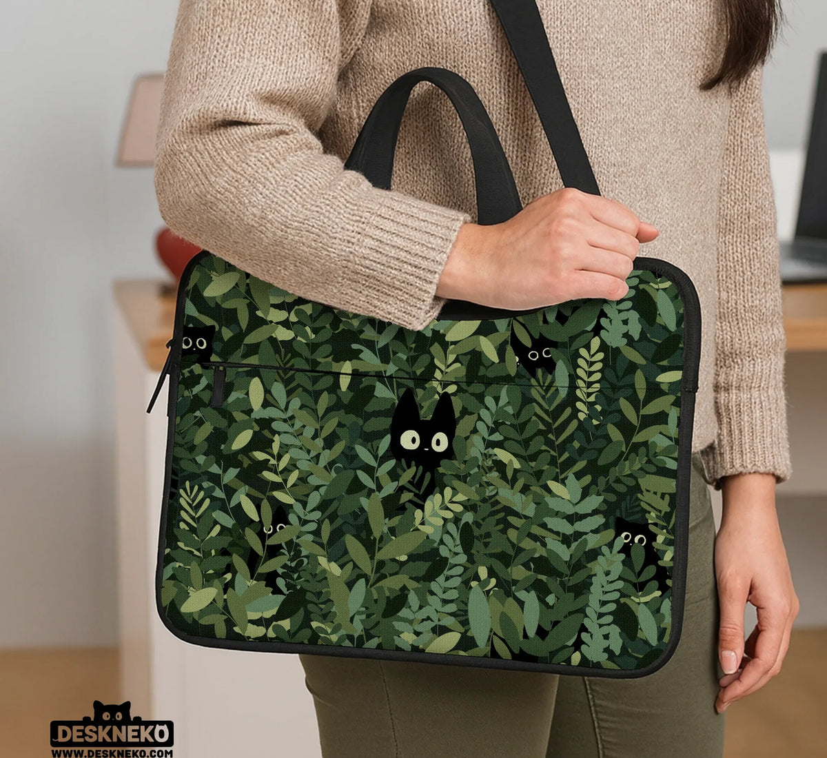 Botanical Cat Laptop Sleeve & Bag, Forest Green Aesthetic Case - Deskneko