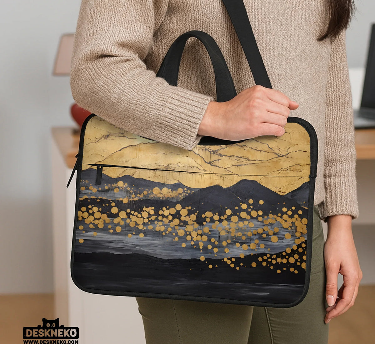Gold Japandi Laptop Bag with Shoulder Strap - Deskneko