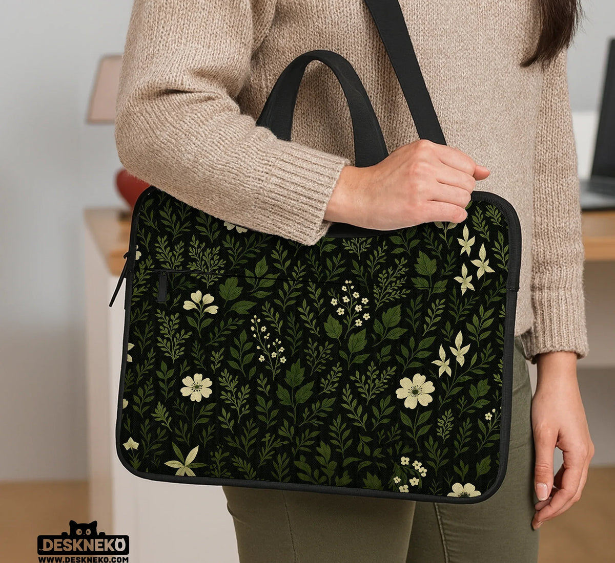 Botanical Laptop Sleeve & Bag with Dark Green Floral Pattern - Deskneko