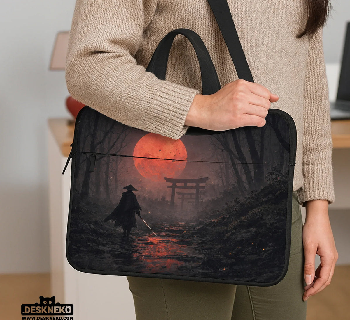Samurai Red Moon Laptop Sleeve & Bag with Handle and Shoulder Strap - Deskneko