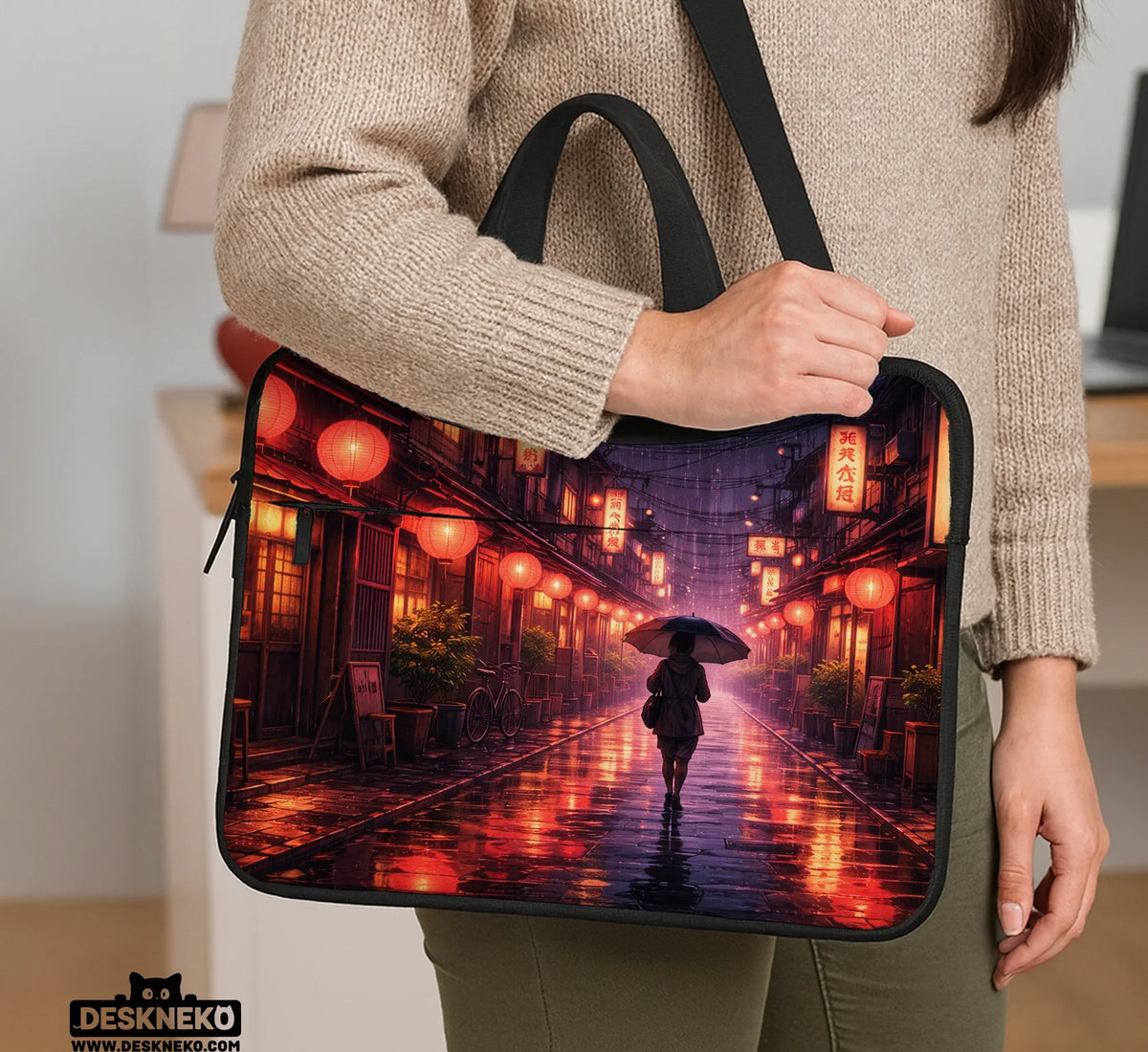 Lofi Anime Laptop Sleeve & Bag Japanese Rainy Street Aesthetic - Deskneko