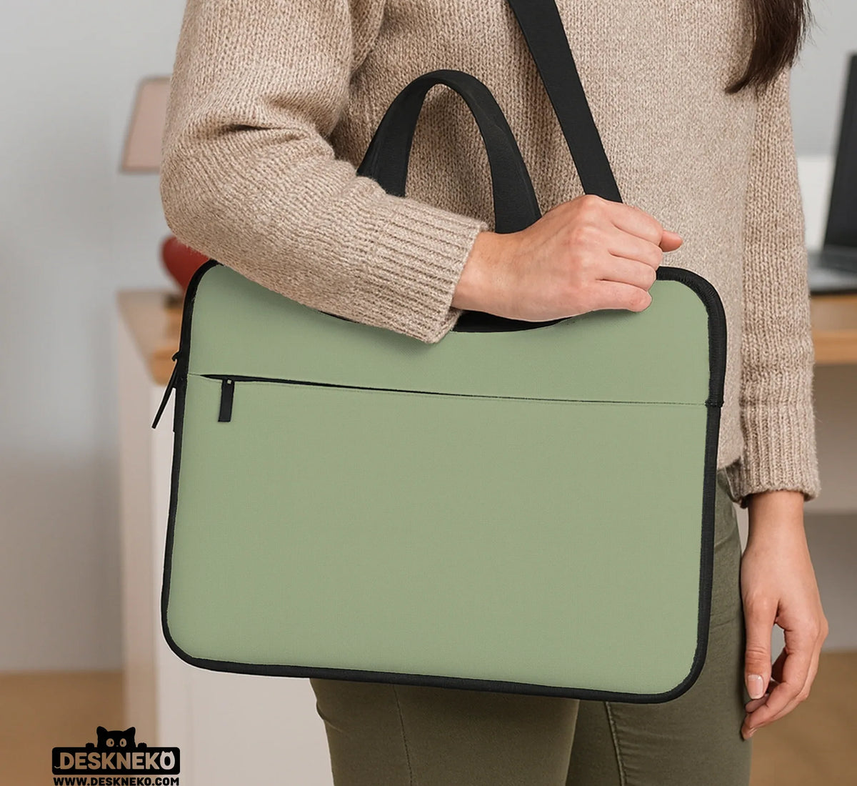 Sage Green Laptop Bag with Shoulder Strap & Handle - Deskneko