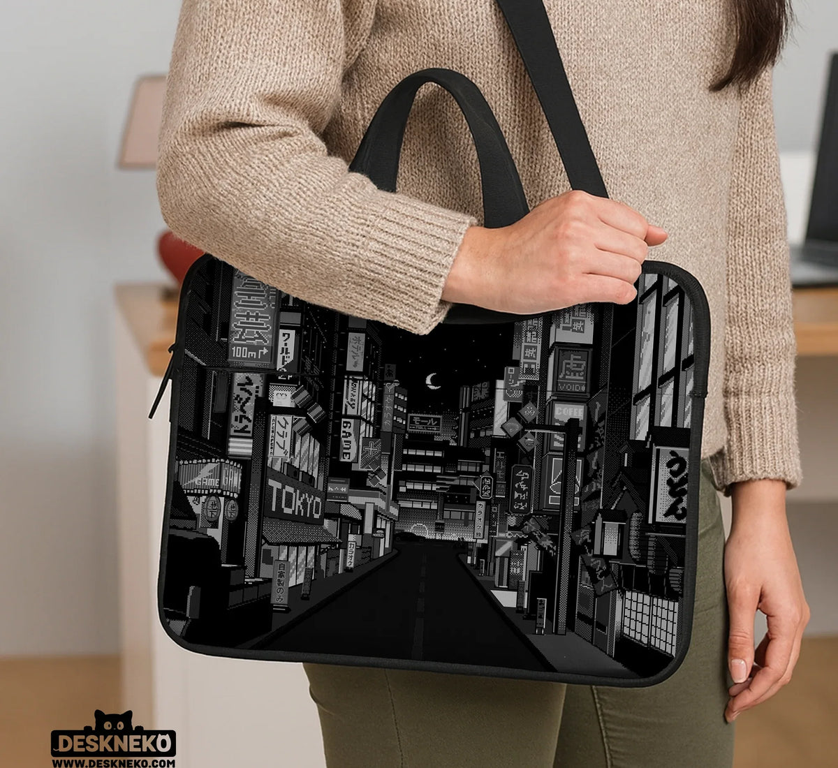 Tokyo Night Pixel Laptop Sleeve & Bag – Monochrome Cyberpunk Case - Deskneko