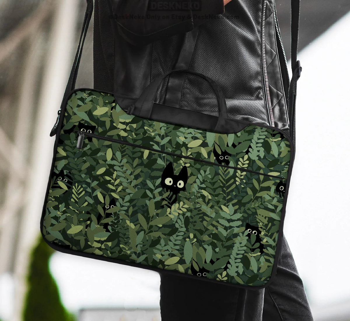 Botanical Cat Laptop Sleeve & Bag, Forest Green Aesthetic Case - Deskneko