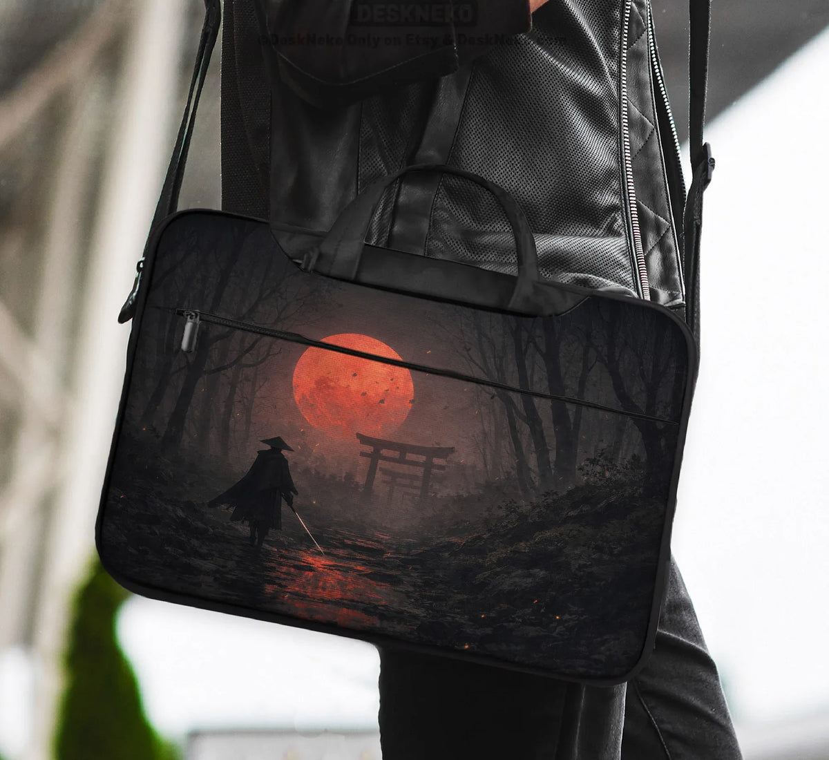 Samurai Red Moon Laptop Sleeve & Bag with Handle and Shoulder Strap - Deskneko