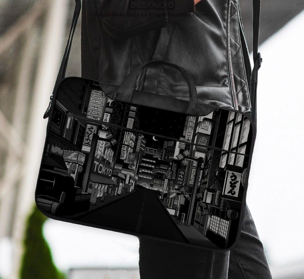 Tokyo Night Pixel Laptop Sleeve & Bag – Monochrome Cyberpunk Case - Deskneko