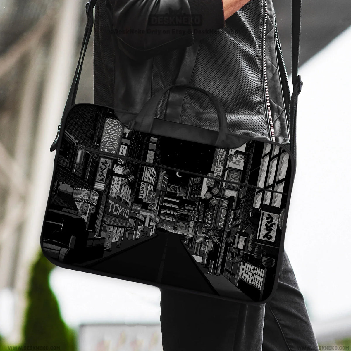 Tokyo Night Pixel Laptop Sleeve & Bag – Monochrome Cyberpunk Case - Deskneko