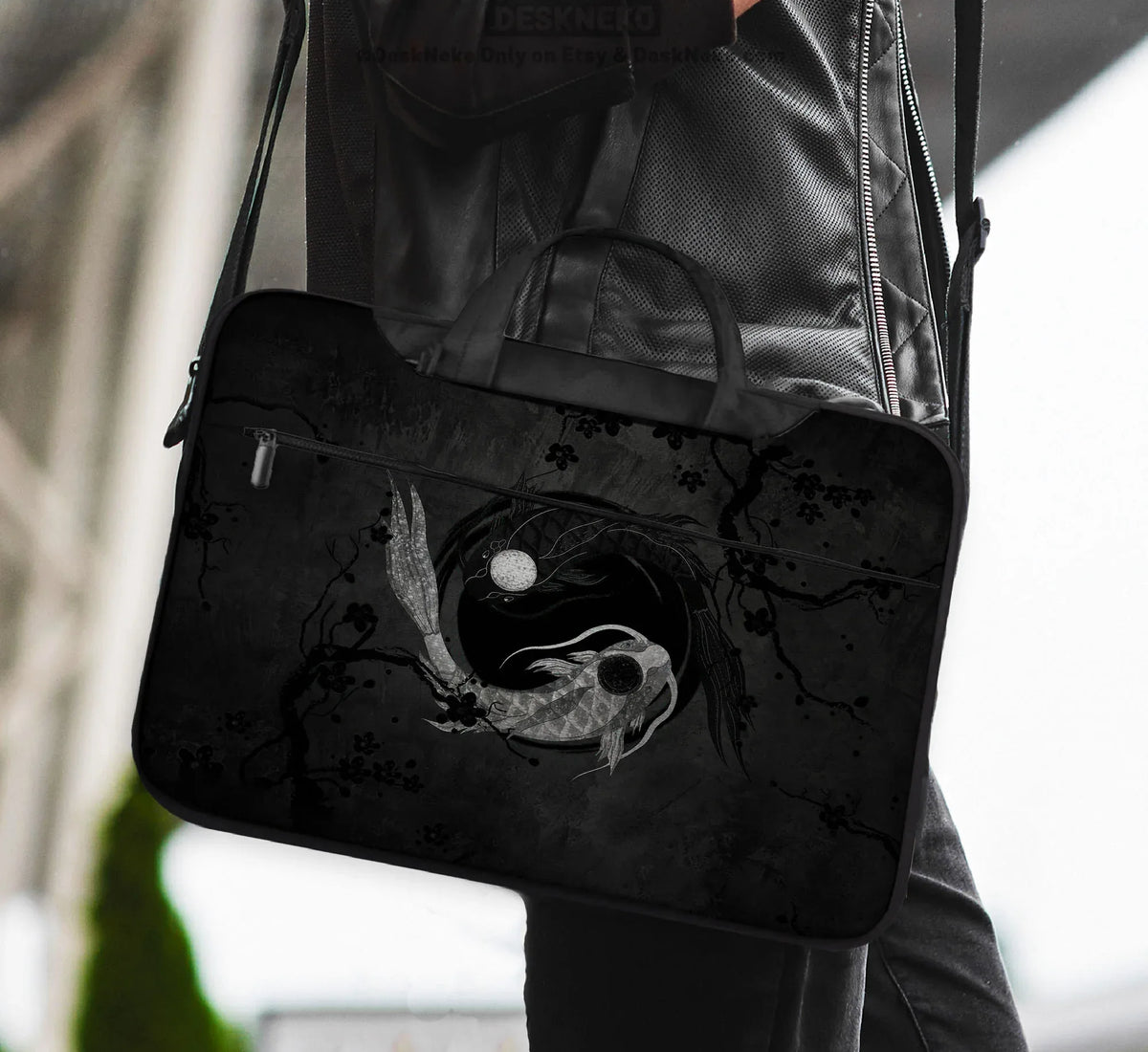 Dark Koi Yin Yang Laptop Sleeve & Bag, Japanese Ink Case - Deskneko