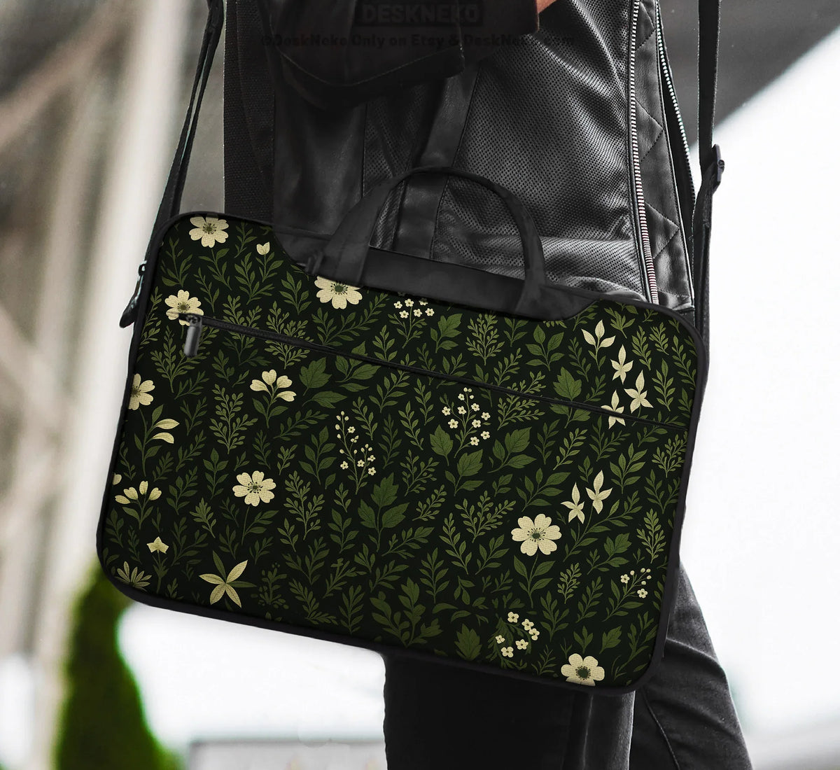 Botanical Laptop Sleeve & Bag with Dark Green Floral Pattern - Deskneko