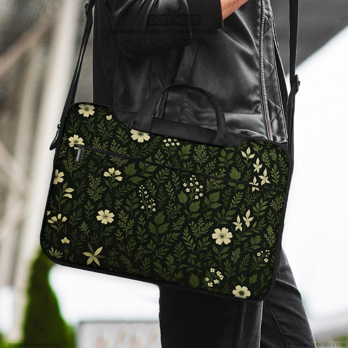 Botanical Laptop Sleeve & Bag with Dark Green Floral Pattern - Deskneko