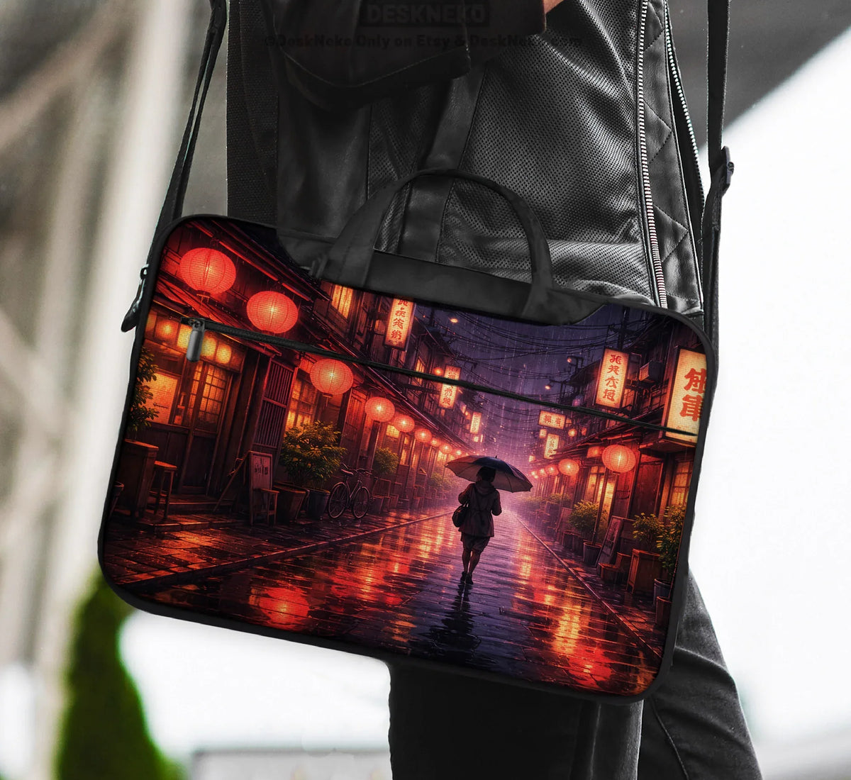 Lofi Anime Laptop Sleeve & Bag Japanese Rainy Street Aesthetic - Deskneko