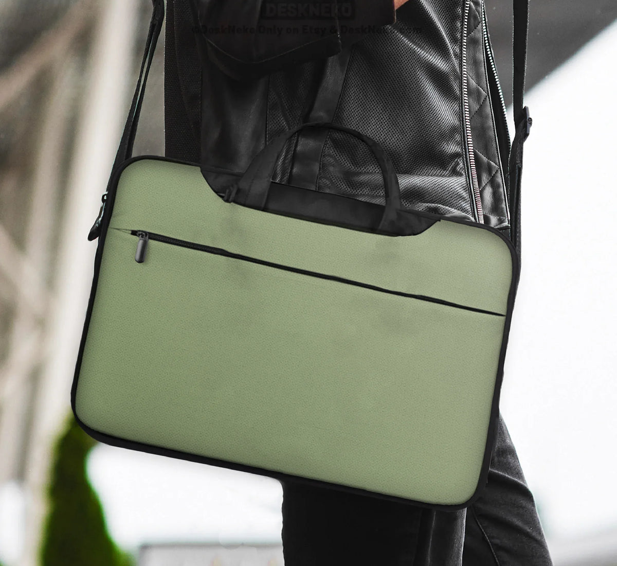 Sage Green Laptop Bag with Shoulder Strap & Handle - Deskneko