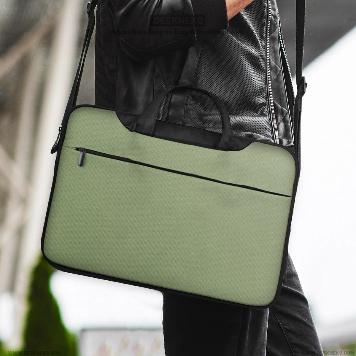 Sage Green Laptop Bag with Shoulder Strap & Handle - Deskneko