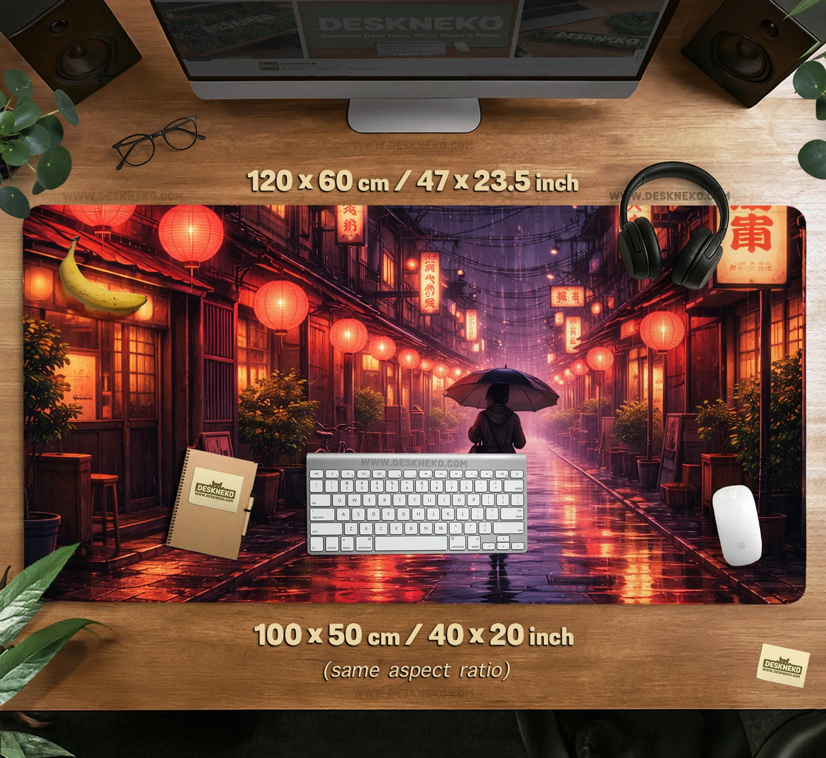 Lofi Anime Desk Mat XXL Extended Japanese Rainy Street - Deskneko